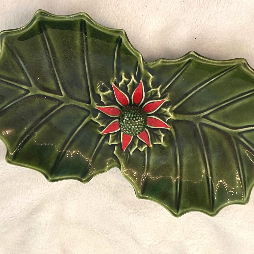 Enesco‎ Holly Leaf Serving Tray 9in Green Excellent Poinsettia Divided Dish Xmas